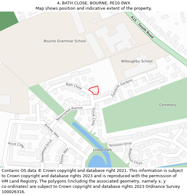 4, BATH CLOSE, BOURNE, PE10 0WX: Location map and indicative extent of plot