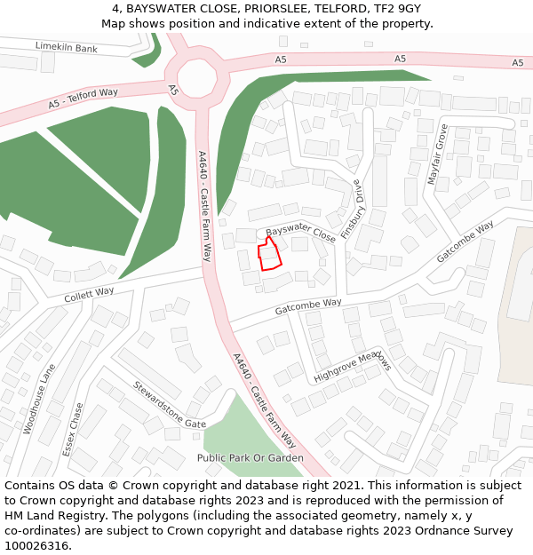 4, BAYSWATER CLOSE, PRIORSLEE, TELFORD, TF2 9GY: Location map and indicative extent of plot
