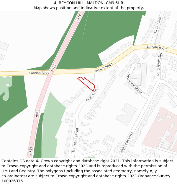 4, BEACON HILL, MALDON, CM9 6HR: Location map and indicative extent of plot