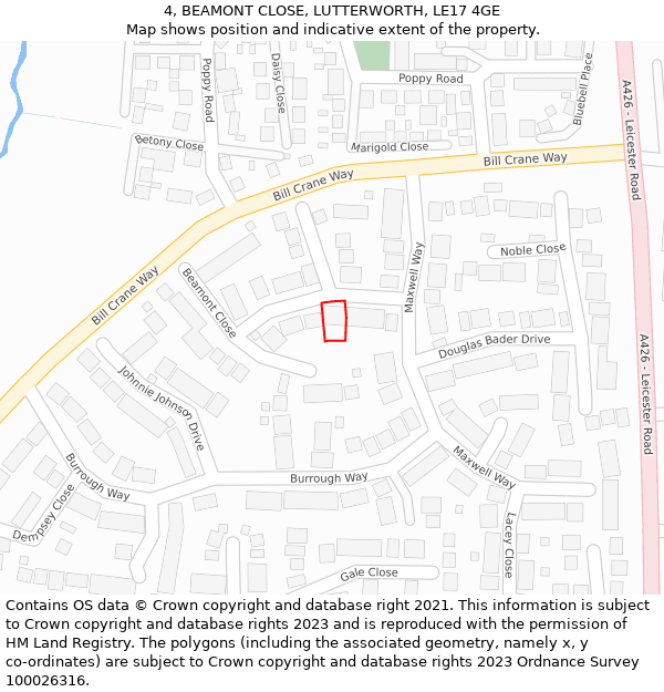 4, BEAMONT CLOSE, LUTTERWORTH, LE17 4GE: Location map and indicative extent of plot