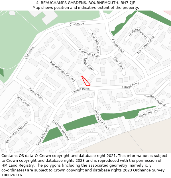 4, BEAUCHAMPS GARDENS, BOURNEMOUTH, BH7 7JE: Location map and indicative extent of plot