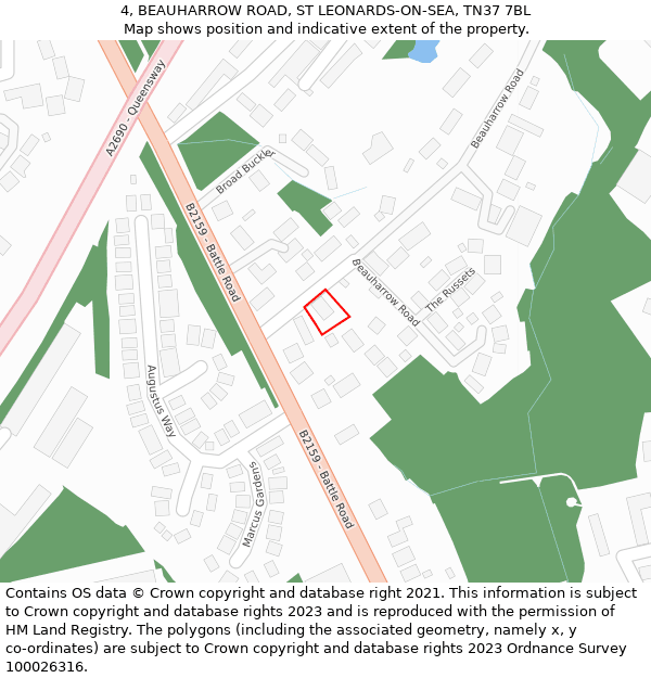 4, BEAUHARROW ROAD, ST LEONARDS-ON-SEA, TN37 7BL: Location map and indicative extent of plot