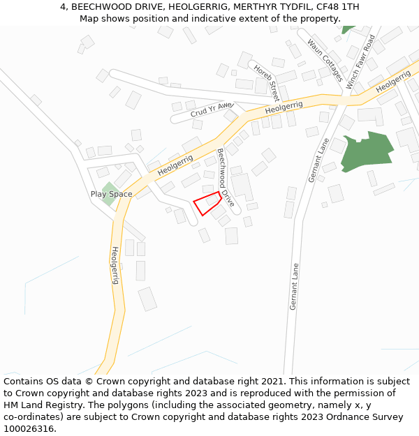 4, BEECHWOOD DRIVE, HEOLGERRIG, MERTHYR TYDFIL, CF48 1TH: Location map and indicative extent of plot