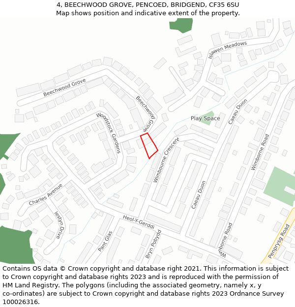 4, BEECHWOOD GROVE, PENCOED, BRIDGEND, CF35 6SU: Location map and indicative extent of plot