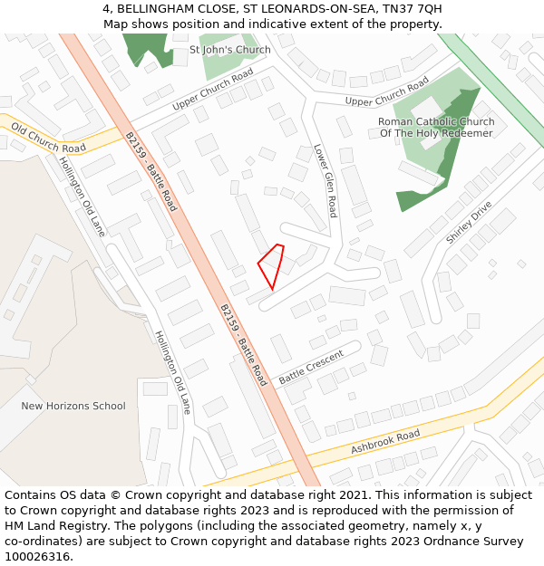 4, BELLINGHAM CLOSE, ST LEONARDS-ON-SEA, TN37 7QH: Location map and indicative extent of plot