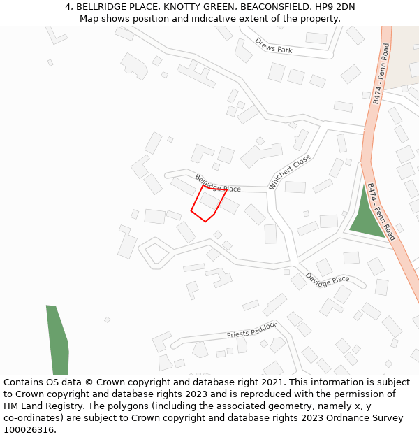 4, BELLRIDGE PLACE, KNOTTY GREEN, BEACONSFIELD, HP9 2DN: Location map and indicative extent of plot