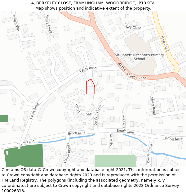 4, BERKELEY CLOSE, FRAMLINGHAM, WOODBRIDGE, IP13 9TA: Location map and indicative extent of plot