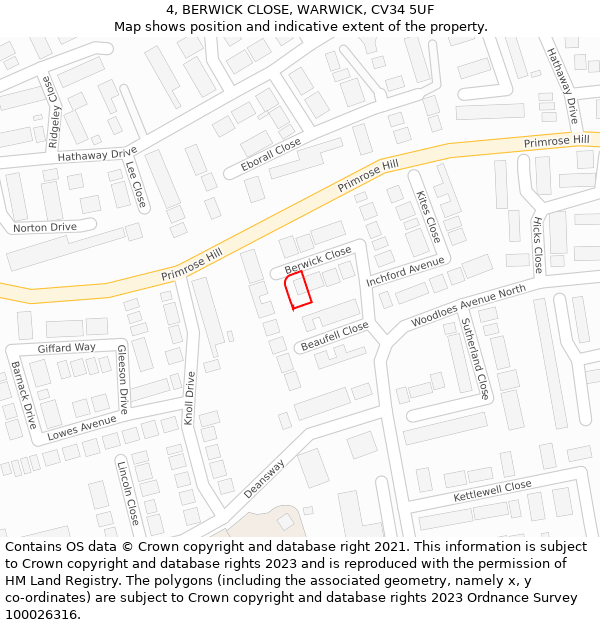 4, BERWICK CLOSE, WARWICK, CV34 5UF: Location map and indicative extent of plot