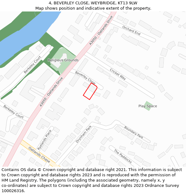 4, BEVERLEY CLOSE, WEYBRIDGE, KT13 9LW: Location map and indicative extent of plot