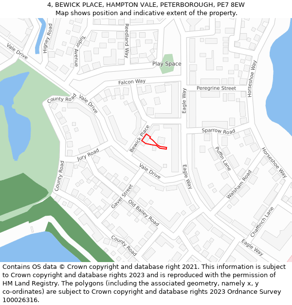 4, BEWICK PLACE, HAMPTON VALE, PETERBOROUGH, PE7 8EW: Location map and indicative extent of plot