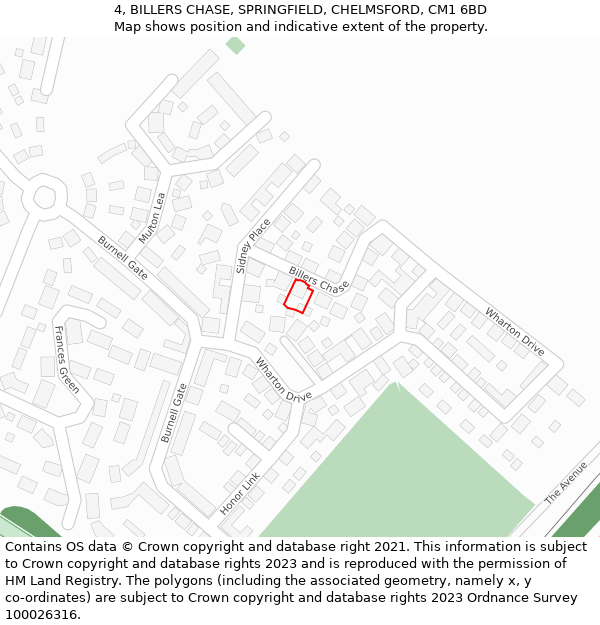 4, BILLERS CHASE, SPRINGFIELD, CHELMSFORD, CM1 6BD: Location map and indicative extent of plot