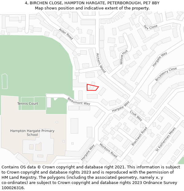 4, BIRCHEN CLOSE, HAMPTON HARGATE, PETERBOROUGH, PE7 8BY: Location map and indicative extent of plot