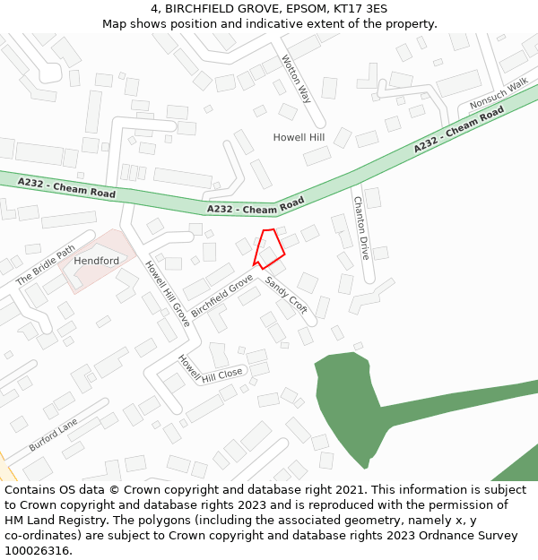 4, BIRCHFIELD GROVE, EPSOM, KT17 3ES: Location map and indicative extent of plot