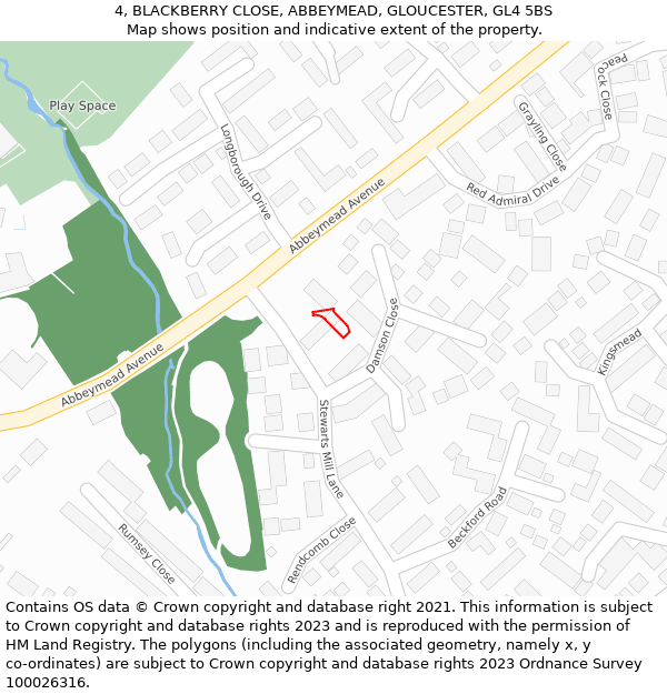 4, BLACKBERRY CLOSE, ABBEYMEAD, GLOUCESTER, GL4 5BS: Location map and indicative extent of plot