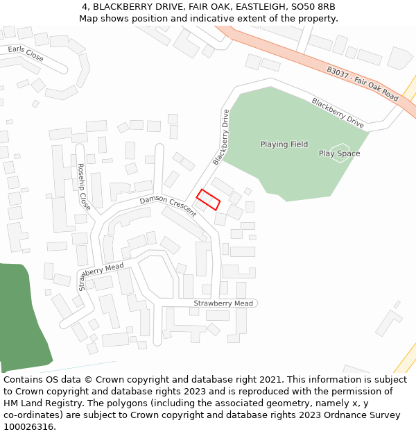 4, BLACKBERRY DRIVE, FAIR OAK, EASTLEIGH, SO50 8RB: Location map and indicative extent of plot