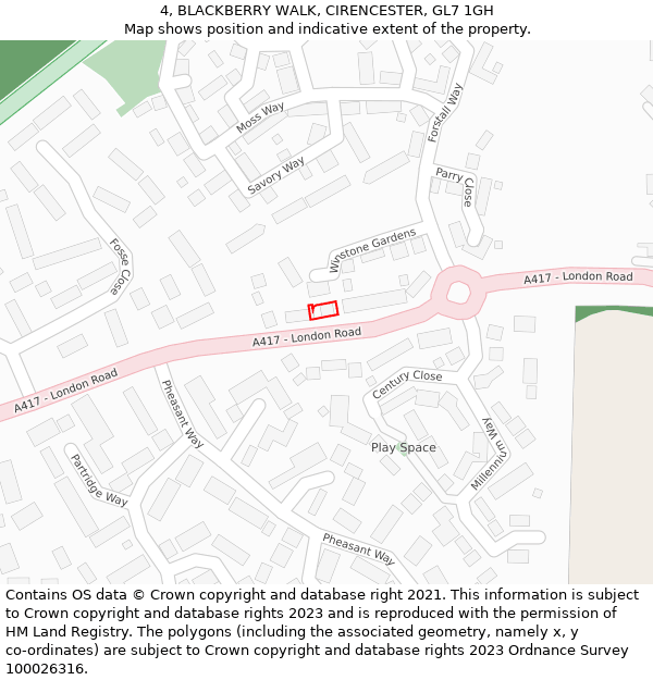 4, BLACKBERRY WALK, CIRENCESTER, GL7 1GH: Location map and indicative extent of plot