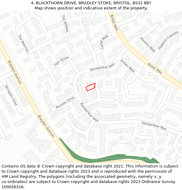 4, BLACKTHORN DRIVE, BRADLEY STOKE, BRISTOL, BS32 8BY: Location map and indicative extent of plot