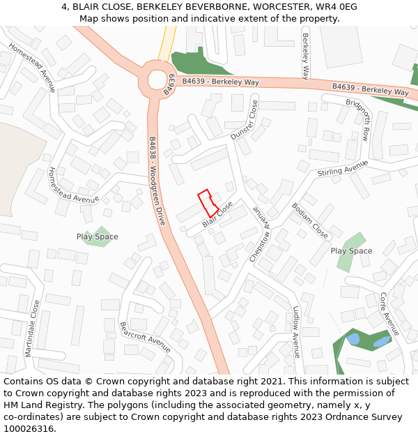 4, BLAIR CLOSE, BERKELEY BEVERBORNE, WORCESTER, WR4 0EG: Location map and indicative extent of plot