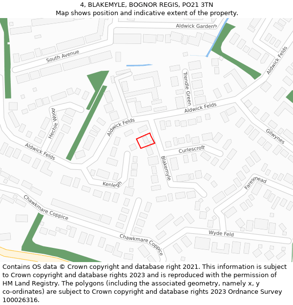 4, BLAKEMYLE, BOGNOR REGIS, PO21 3TN: Location map and indicative extent of plot