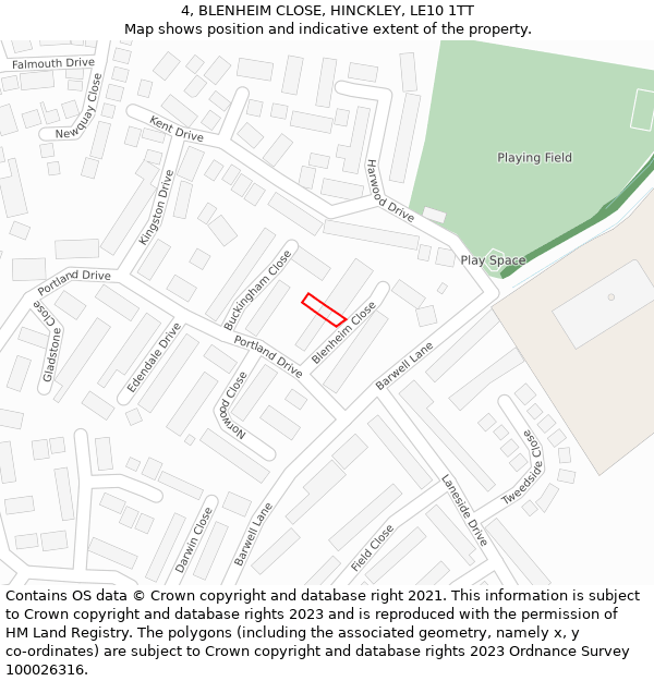 4, BLENHEIM CLOSE, HINCKLEY, LE10 1TT: Location map and indicative extent of plot