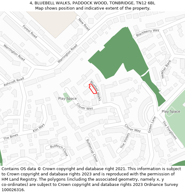 4, BLUEBELL WALKS, PADDOCK WOOD, TONBRIDGE, TN12 6BL: Location map and indicative extent of plot