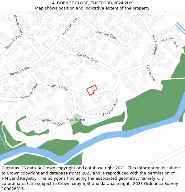 4, BORAGE CLOSE, THETFORD, IP24 2UX: Location map and indicative extent of plot