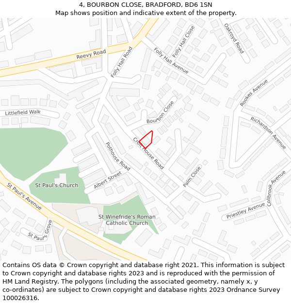 4, BOURBON CLOSE, BRADFORD, BD6 1SN: Location map and indicative extent of plot