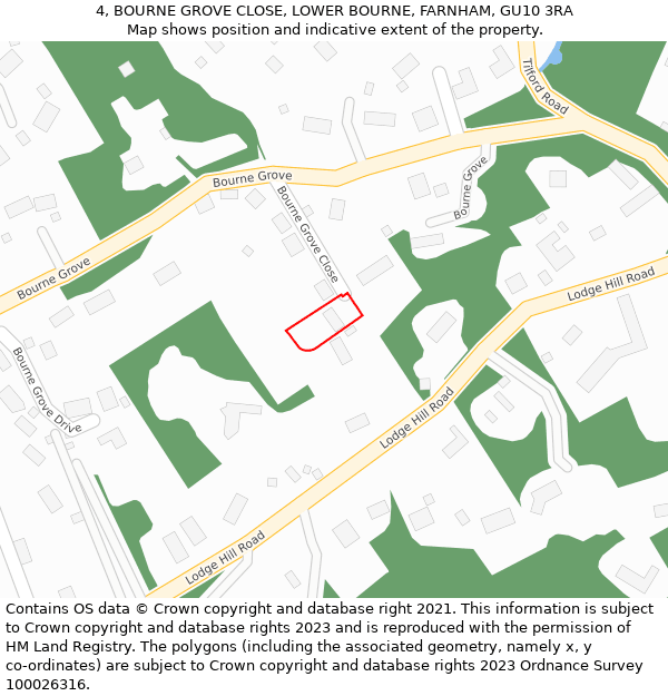 4, BOURNE GROVE CLOSE, LOWER BOURNE, FARNHAM, GU10 3RA: Location map and indicative extent of plot