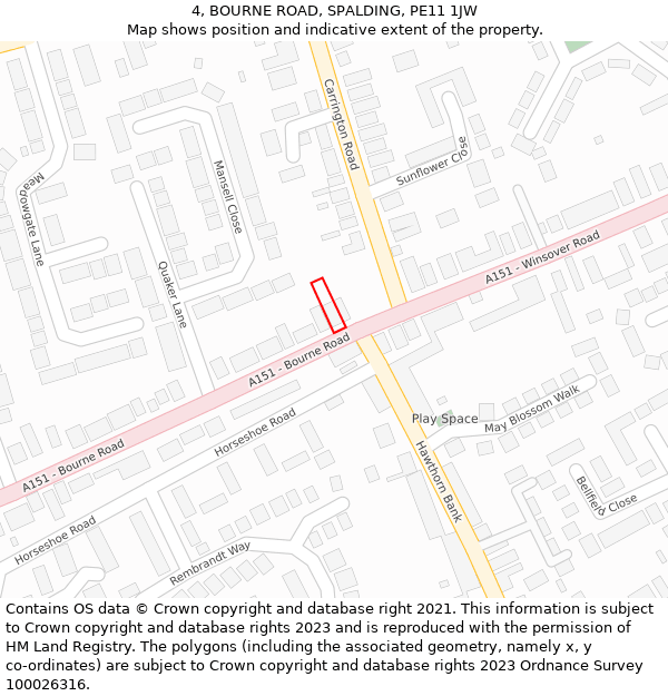 4, BOURNE ROAD, SPALDING, PE11 1JW: Location map and indicative extent of plot