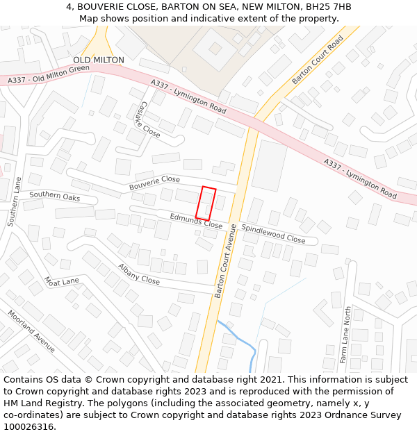 4, BOUVERIE CLOSE, BARTON ON SEA, NEW MILTON, BH25 7HB: Location map and indicative extent of plot
