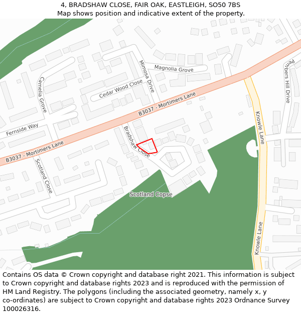 4, BRADSHAW CLOSE, FAIR OAK, EASTLEIGH, SO50 7BS: Location map and indicative extent of plot