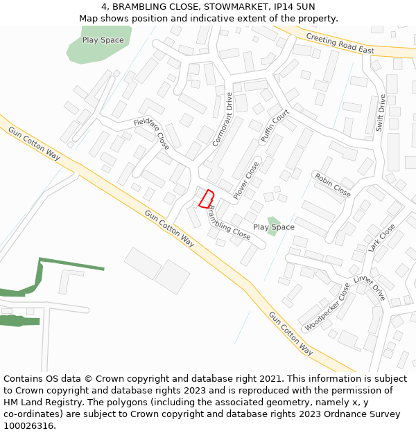 4, BRAMBLING CLOSE, STOWMARKET, IP14 5UN: Location map and indicative extent of plot