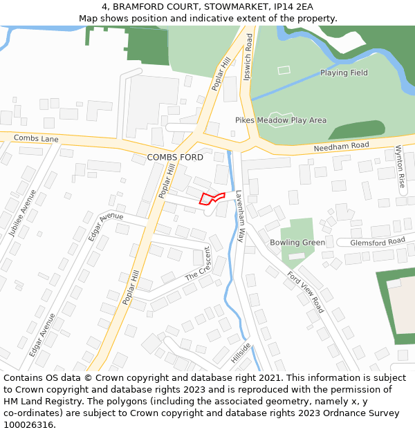 4, BRAMFORD COURT, STOWMARKET, IP14 2EA: Location map and indicative extent of plot