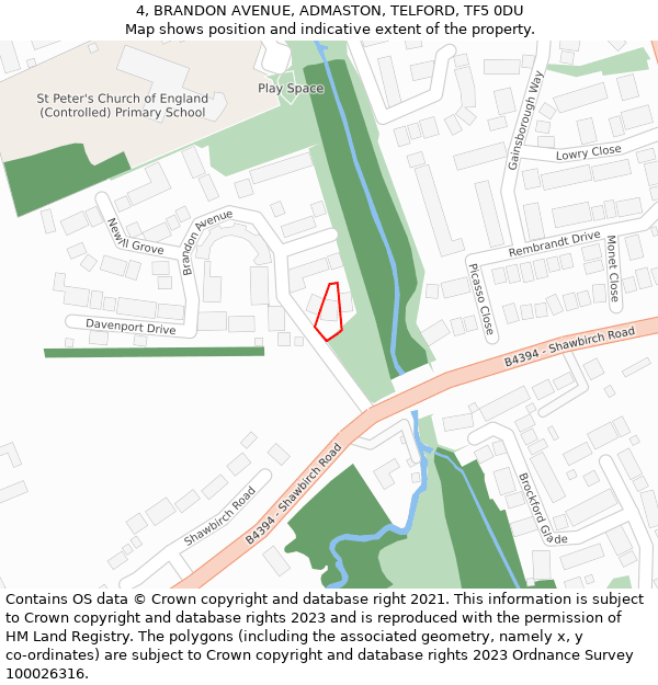 4, BRANDON AVENUE, ADMASTON, TELFORD, TF5 0DU: Location map and indicative extent of plot