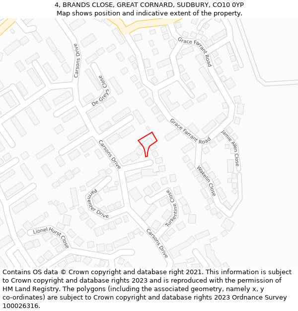 4, BRANDS CLOSE, GREAT CORNARD, SUDBURY, CO10 0YP: Location map and indicative extent of plot