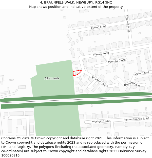 4, BRAUNFELS WALK, NEWBURY, RG14 5NQ: Location map and indicative extent of plot