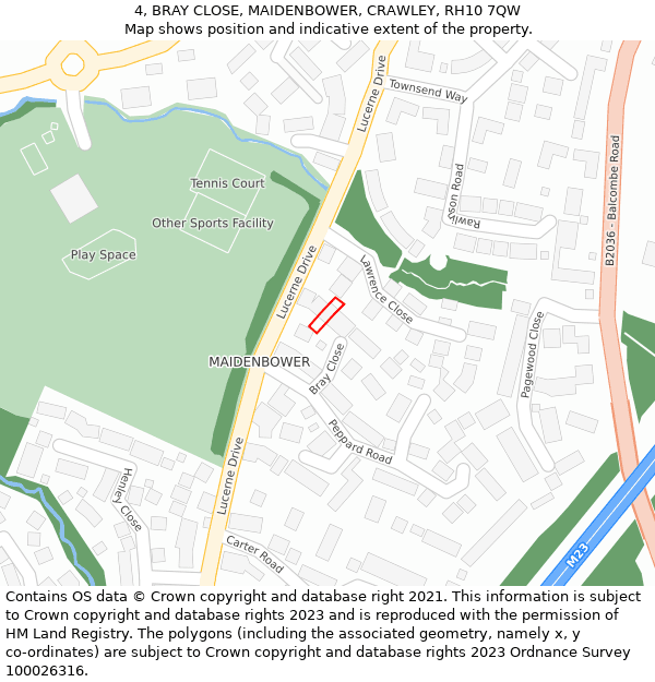 4, BRAY CLOSE, MAIDENBOWER, CRAWLEY, RH10 7QW: Location map and indicative extent of plot