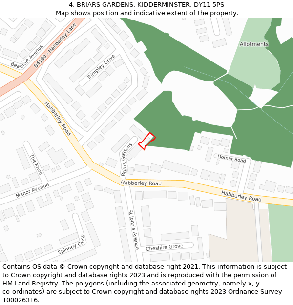 4, BRIARS GARDENS, KIDDERMINSTER, DY11 5PS: Location map and indicative extent of plot