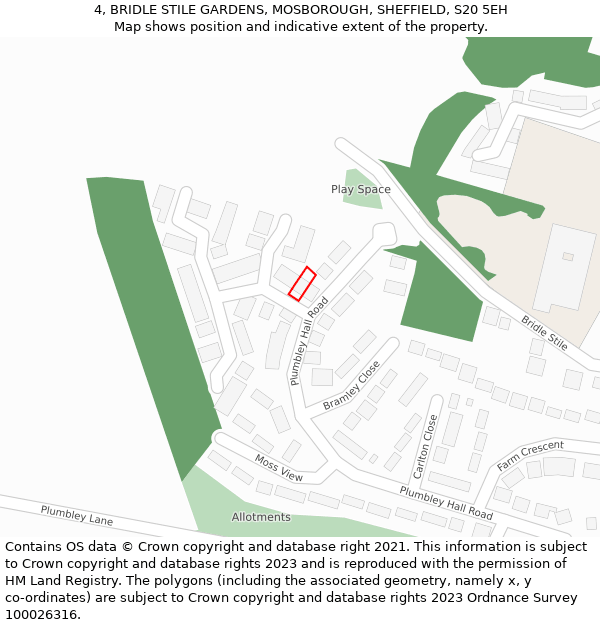 4, BRIDLE STILE GARDENS, MOSBOROUGH, SHEFFIELD, S20 5EH: Location map and indicative extent of plot