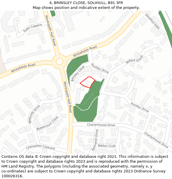 4, BRINSLEY CLOSE, SOLIHULL, B91 3FR: Location map and indicative extent of plot