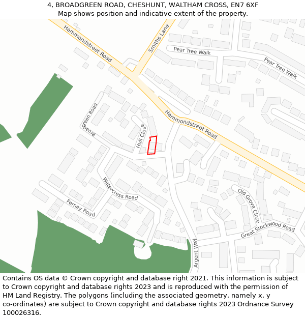 4, BROADGREEN ROAD, CHESHUNT, WALTHAM CROSS, EN7 6XF: Location map and indicative extent of plot