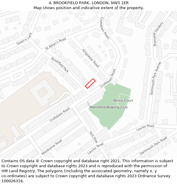 4, BROOKFIELD PARK, LONDON, NW5 1ER: Location map and indicative extent of plot