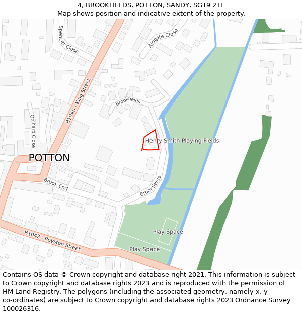 4, BROOKFIELDS, POTTON, SANDY, SG19 2TL: Location map and indicative extent of plot