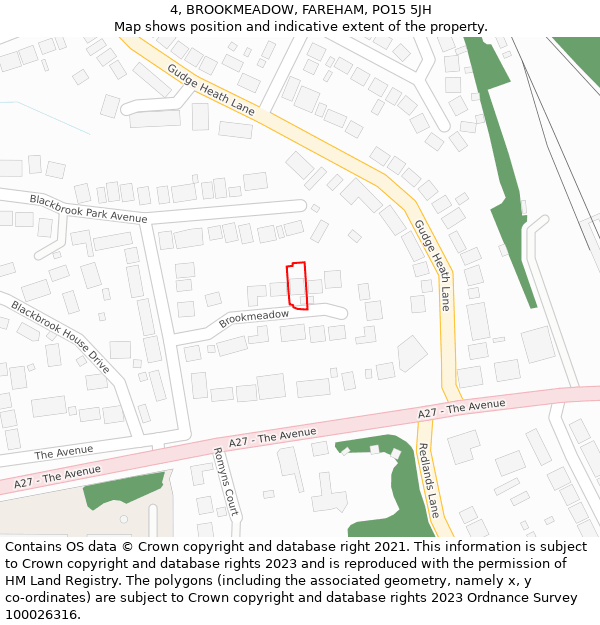 4, BROOKMEADOW, FAREHAM, PO15 5JH: Location map and indicative extent of plot