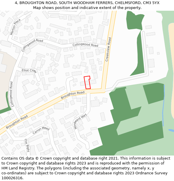 4, BROUGHTON ROAD, SOUTH WOODHAM FERRERS, CHELMSFORD, CM3 5YX: Location map and indicative extent of plot