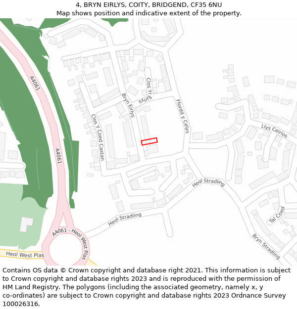 4, BRYN EIRLYS, COITY, BRIDGEND, CF35 6NU: Location map and indicative extent of plot