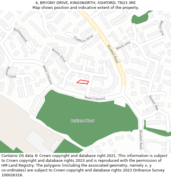 4, BRYONY DRIVE, KINGSNORTH, ASHFORD, TN23 3RE: Location map and indicative extent of plot