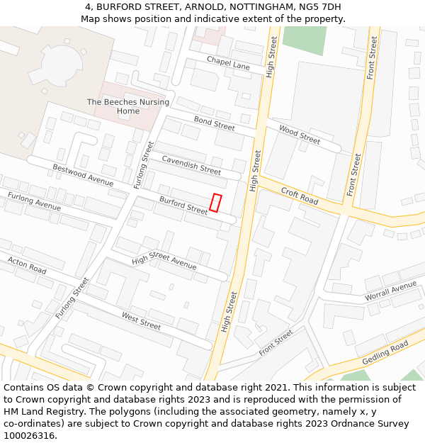 4, BURFORD STREET, ARNOLD, NOTTINGHAM, NG5 7DH: Location map and indicative extent of plot