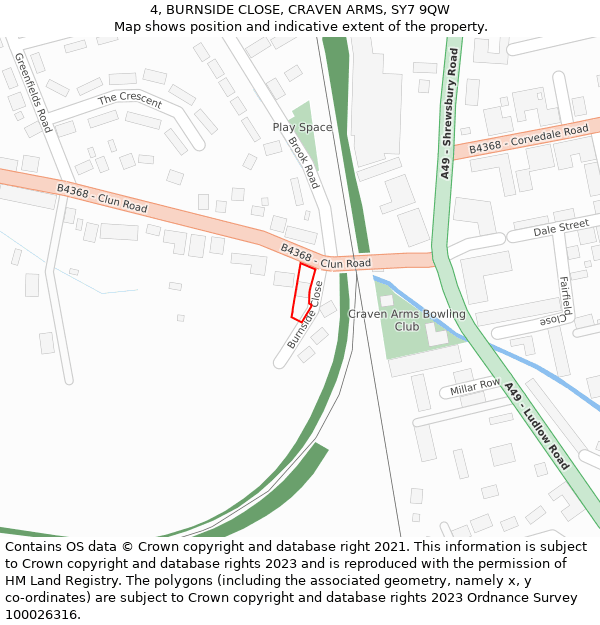 4, BURNSIDE CLOSE, CRAVEN ARMS, SY7 9QW: Location map and indicative extent of plot
