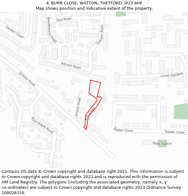 4, BURR CLOSE, WATTON, THETFORD, IP25 6HF: Location map and indicative extent of plot